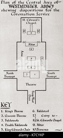 Plan der zentralen Gegend von Westminster Abbey, die Dispositionen für die Krönung von George VI im Jahre 1936. Von der Krönung von König Georg VI. und Königin Elizabeth, veröffentlicht 1937. Stockfoto