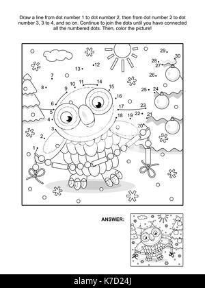 Silvester oder Weihnachten themed schließen Sie die Punkte Bild Puzzle und Färbung Seite mit Eule Trimmen der Baum mit Perle Girlande. Antwort enthalten. Stock Vektor