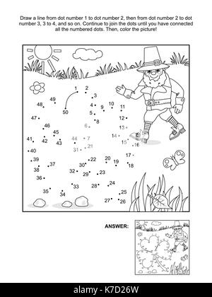 St. Patrick's Day themed schließen Sie die Punkte Bild Puzzle und Färbung Seite mit Kleeblatt und Kobold. Antwort enthalten. Stock Vektor