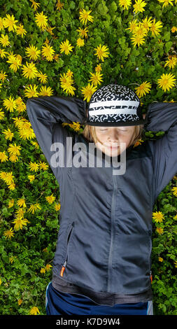 Ansicht von oben Der boy Entspannen auf Feld mit Blumen Stockfoto