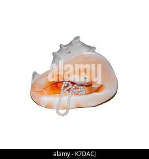 Auf weiß dekorative Seashell mit Perlmutt und eine Halskette aus Perlen isoliert. Die horizontalen Rahmen. Stockfoto