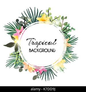 Abstrakte natürlichen tropischen Rahmen Hintergrund mit Palm und andere Blätter und Lily Blumen. Vector Illustration Stock Vektor