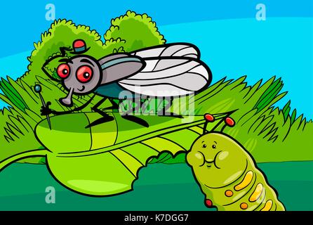 Cartoon Illustration von Lustig Fliegen und Caterpillar Insekt Zeichen Stock Vektor