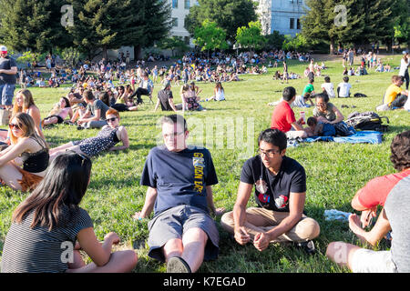 BERKELEY, Ca - 17.April 2016: Massen von Studenten an der Universität von Kalifornien Berkeley Entspannung im Freien in der Sonne auf einem Grasbewachsenen open space. Stockfoto