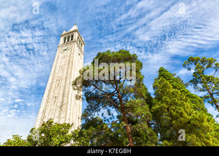 Universität von Kalifornien in Berkeley Clock Tower, bekannt als der Campanile. Weitwinkelaufnahme oben. Stockfoto