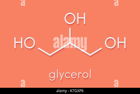 Glycerin (Glycerin) Molekül. Von Fett und Öl Triglyceride produziert. Als Süßstoff, Lösungs- und Konservierungsmittel in Lebensmitteln und Arzneimitteln verwendet. Skelettmuskulatur Formel Stockfoto