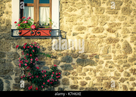 Stein Wand mit Fenster und Blumen in der italienischen oder französischen Stil. Stockfoto