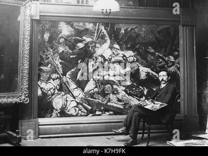 Foto muss Gutgeschrieben © Alpha werden Drücken Sie050000(Anfang 1900) Christopher Williams vor seiner Malerei, die Waliser Abteilung an mametz Holz. Stockfoto