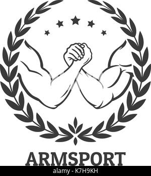 Arm Wrestling logo mit zwei Männer Hände, Sterne und Lorbeerkranz. Vector Illustration Stock Vektor