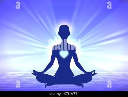 Meditation Frau Silhouette auf blauem Hintergrund Stock Vektor