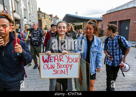 London, Großbritannien. 16. September, 2017. Die anti Pelz Gruppe machten sich auf den Weg von der Waterloo Station treffen zu einem privaten Gareth Pugh Show am BFI IMAX-Kino, bevor sie auf der privaten Burberry in Clerkenwell. Animal Rights Campaign group SURGE Protest gegen London Fashion Week 2017 weiterhin eine Pro - Fell Haltung. Trotz der vielen großen Labels wie Armani, Stella McCartney, Calvin Klein und Vivienne Westwood missbilligenden Fell, London Fashion Week ist auch weiterhin der größte Plattform für Pelz in England zu bieten - obwohl Fell ist illegal in diesem Land zu produzieren. Penelope Barritt/Alamy leben Nachrichten Stockfoto