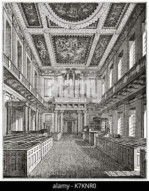 Alte Ansicht der Königlichen Kapelle in Whitehall, London. Von unbekannter Autor, Publ. Auf dem Penny Magazine, London, 1837 Stockfoto