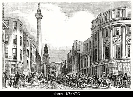 Alte Ansicht von Fish Street Hill und das Denkmal für den großen Brand, London. Von unbekannter Autor, Publ. Auf dem Penny Magazine, London, 1837 Stockfoto