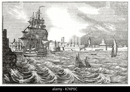 Alte Ansicht von Portsmouth Hafen Eingang. Von unbekannter Autor, Publ. Auf dem Penny Magazine, London, 1837 Stockfoto