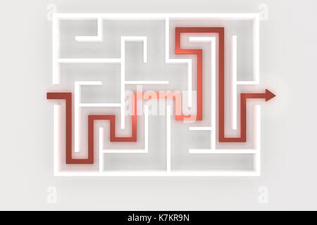 3D-Rendering des weißen Labyrinth mit roter Pfeil Stockfoto