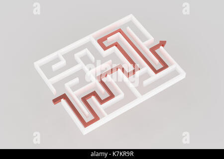 3D-Rendering des weißen Labyrinth mit roter Pfeil Stockfoto