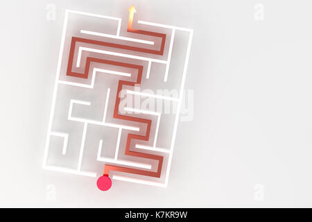 3D-Rendering des weißen Labyrinth mit roter Pfeil Stockfoto