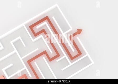 3D-Rendering des weißen Labyrinth mit roter Pfeil Stockfoto