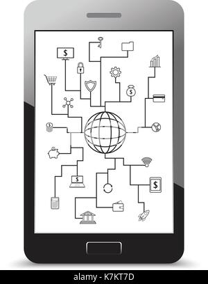 Vektor fintech Zeile für Symbole rund um einen Globus über finanzielle Technologie, Banking und Investment mit weißem Hintergrund auf einer realistischen Bildschirm des Smartphones Stock Vektor