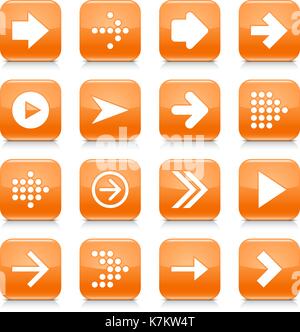 16 Pfeil Icon Set 01. Weiße Zeichen auf orange abgerundete quadratische Schaltfläche mit grauen Reflexion, schwarzer Schatten auf weißem Hintergrund. Glänzend Stil. Stock Vektor