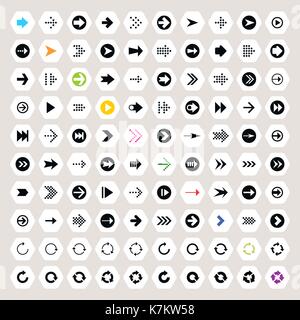 100 Pfeil Symbol gesetzt. Weiß und Farbe Piktogramm auf Schwarz hexagon Formen. Einfache moderne minimal, flache, feste, Mono, einfarbigen, schlichten Stil Stock Vektor