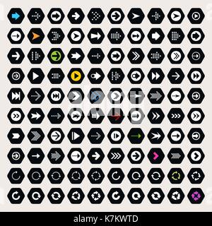 100 Pfeil Symbol gesetzt. Weiß und Farbe Piktogramm auf Schwarz hexagon Formen. Einfache moderne minimal, flache, feste, Mono, einfarbigen, schlichten Stil. Stock Vektor