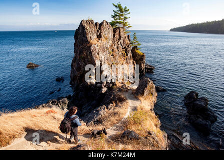 Felsige Küstenlinie auf Creyke Point Trail-East Sooke Regional Park, Sooke, Vancouver Island, British Columbia, Kanada Stockfoto