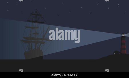 Ein Leuchtturm und ein großes Segelschiff. Stockfoto