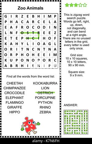 Zoo Tiere - Strauß, Geparden, Löwen, Nashörner, Nilpferde, Zebras, usw. - Word Search Puzzle. Antwort enthalten. Stock Vektor