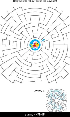 Labyrinth Spiel für Kinder: Helfen Sie dem kleinen Fisch aus dem Labyrinth erhalten. Antwort enthalten. Stock Vektor