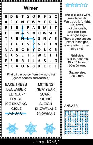 Winter themed Zickzack Word Search Puzzle (geeignet sowohl für Kinder und Erwachsene). Antwort enthalten. Stock Vektor