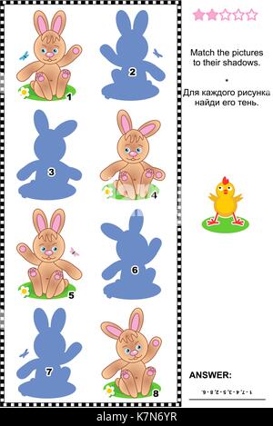Visuelle Puzzle oder Bild Rätsel: Die Bilder von niedlichen Baby Häschen zu ihren Schatten überein. Antwort enthalten. Stock Vektor