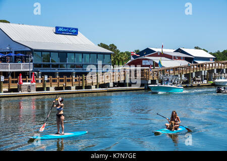 South Carolina, Mt. Angenehm, Shem Creek Water, Waterfront, Wassersport, Paddle Boarding, Erwachsene Erwachsene Frauen weibliche Dame, Hunde, Water's Edge, Restaurant Stockfoto