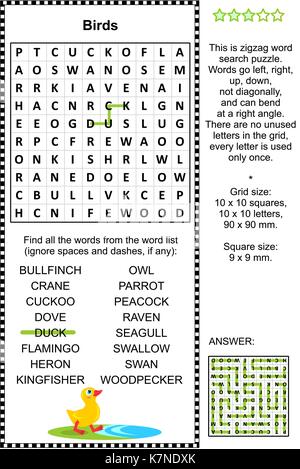 Vögel themed Word Search Puzzle. Antwort enthalten. Stock Vektor