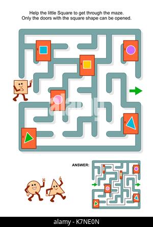 Pädagogische math Puzzle: Der kleine Platz durch das Labyrinth zu erhalten. Nur die Türen mit quadratische Form geöffnet werden kann. Antwort enthalten. Stock Vektor