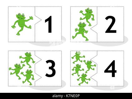 Erfahren Sie zählen 2-teilige Puzzle Karten ausschneiden und Spielen, Frösche themed, Zahlen 1 - 4 Stock Vektor