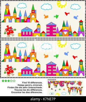 Puzzle: die 10 Unterschiede zwischen den beiden Bildern von Spielzeug Stadt Szenen finden. Antwort enthalten. Stock Vektor