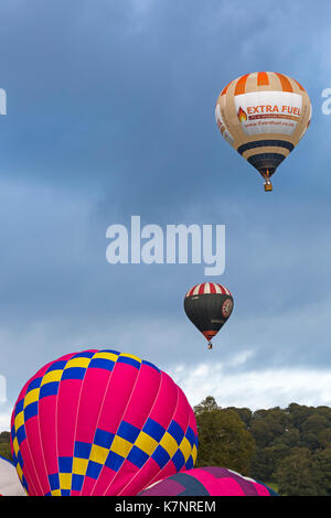 Rosa Heißluftballons mit anderen Ballons am Himmel in der Sky Safari heiße Luft aufgeblasenen Ballons Festival in Longleat, Wiltshire UK im September Stockfoto