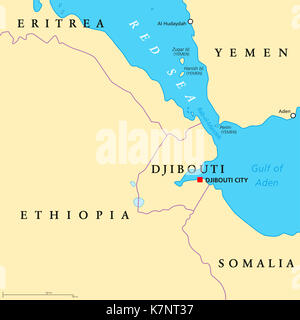 Bab El Mandeb politische Karte. Meerenge zwischen dem Jemen auf der arabischen Halbinsel und Dschibuti und Eritrea am Horn von Afrika. Rotes Meer und Golf von Aden verbindet. Stockfoto