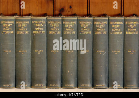 Vintage oder antike Bücher auf einem Regal oder Regale in einer Bibliothek in einem Haus gespeichert. Stockfoto