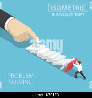 Wohnung 3 d isometrische 3D-Geschäftsmann versucht, fallende Domino zu stoppen. Business Krisenmanagement und Lösungskonzept. Stock Vektor