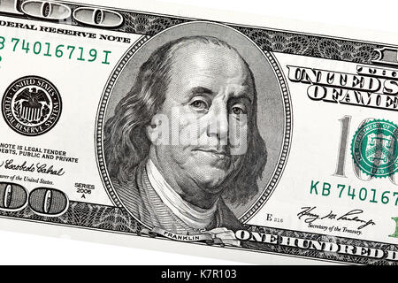 Detail der Ben Franklin auf der 100 Dollar Bill. Hochauflösendes Foto. Stockfoto