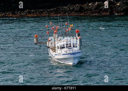 Kleine weiße Angeln Boot schwimmt, nahe der Küste in der Nähe von Keflavik, Island. Stockfoto
