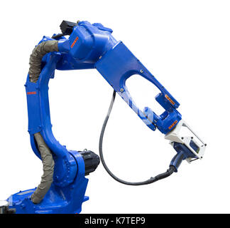 Automatisierte Roboterarm mit 3D-Scanner in der Automobilindustrie auf weißem Hintergrund mit Freistellungspfad isoliert Stockfoto