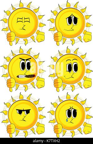 Cartoon Sonne zeigen Abneigung Handzeichen. Sammlung mit traurigen Gesichtern. Ausdrücke Vektor einrichten. Stock Vektor
