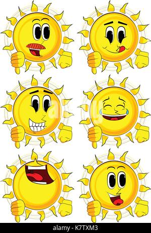 Cartoon Sonne zeigen Abneigung Handzeichen. Sammlung mit glücklichen Gesichtern. Ausdrücke Vektor einrichten. Stock Vektor