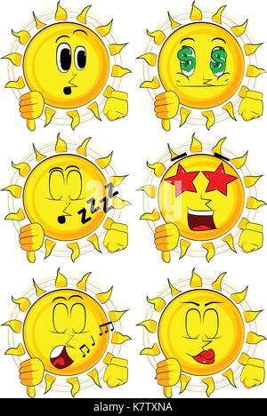Cartoon Sonne zeigen Abneigung Handzeichen. Sammlung mit verschiedenen Gesichtsausdrücke. Vektor einrichten. Stock Vektor