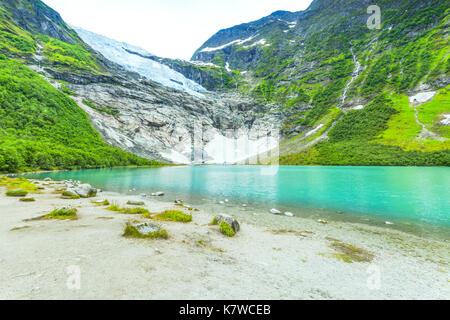 Boyabreen Gletscher und den See Brevatnet, Seite Zweig der Gletscher Jostedalsbreen, Balestrand, Norwegen Stockfoto