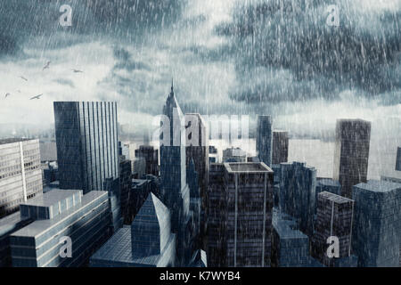 3D-Rendering von Stadtbild mit hohen Gebäude vor stürmischen Wolken Stockfoto