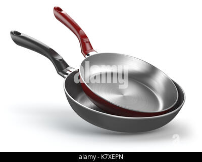 Edelstahl Pfannen auf weißem Hintergrund. 3D-Darstellung Stockfoto